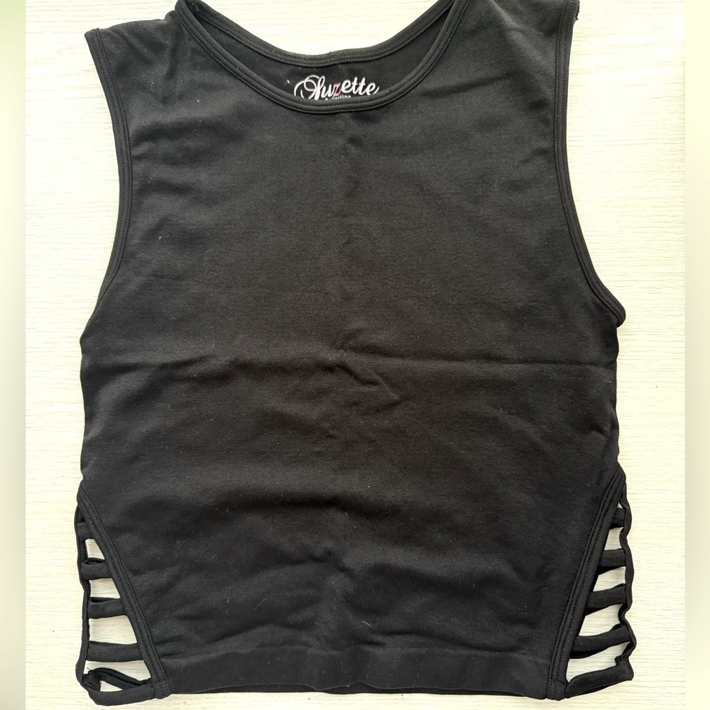 Black Sleeveless Crop Tank Top with Cut Out Design